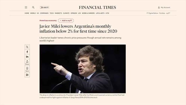 Financial Times resalta triunfo de Milei en el control de «presiones crónicas sobre los precios»