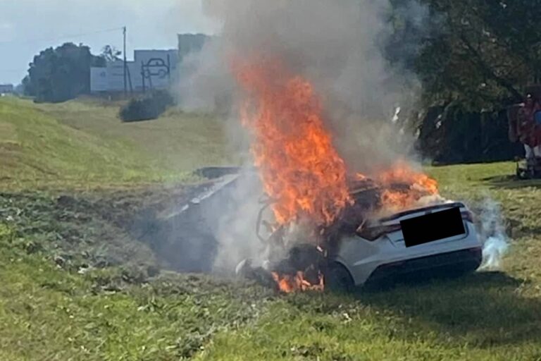 Un auto despistó en la Ruta 2, chocó contra una alcantarilla y se prendió fuego: dos muertos