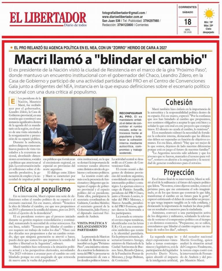 Portada del Diario El Libertador de Corrientes, edición del 18 de abril de 2026