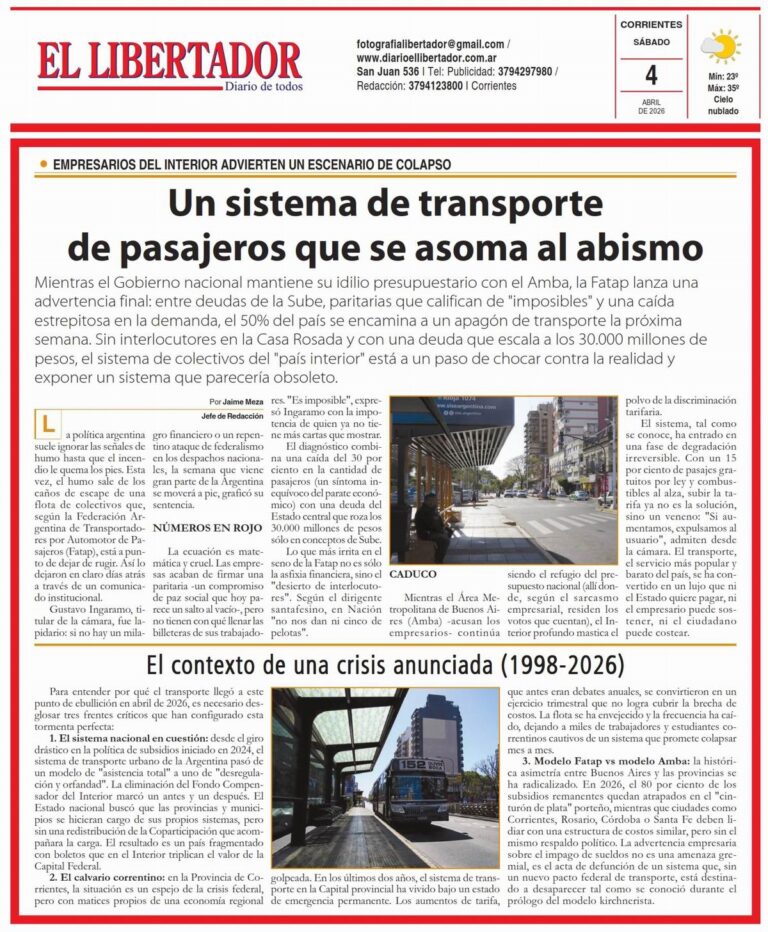 Edición del Diario El Libertador de Corrientes del 3 de abril de 2026