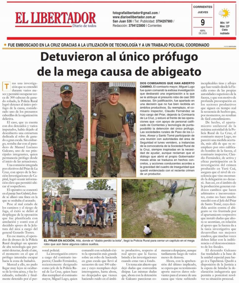Fotografía de la portada del Diario El Libertador de Corrientes, edición del 9 de abril de 2026