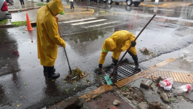 Cuadrillas municipales realizando tareas de limpieza en un sumidero de la ciudad de Corrientes.