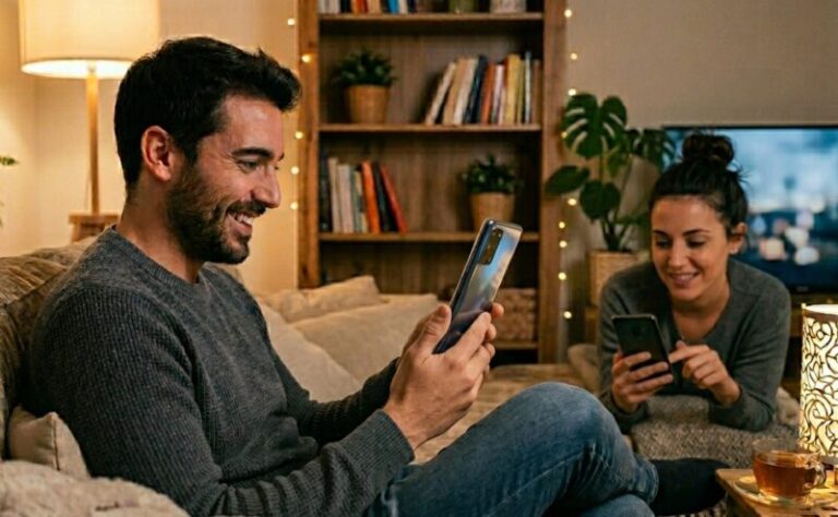 Persona utilizando un dispositivo móvil para entretenimiento en su hogar