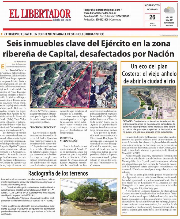 Tapa y contratapa del Diario El Libertador de Corrientes del 26 de abril de 2026