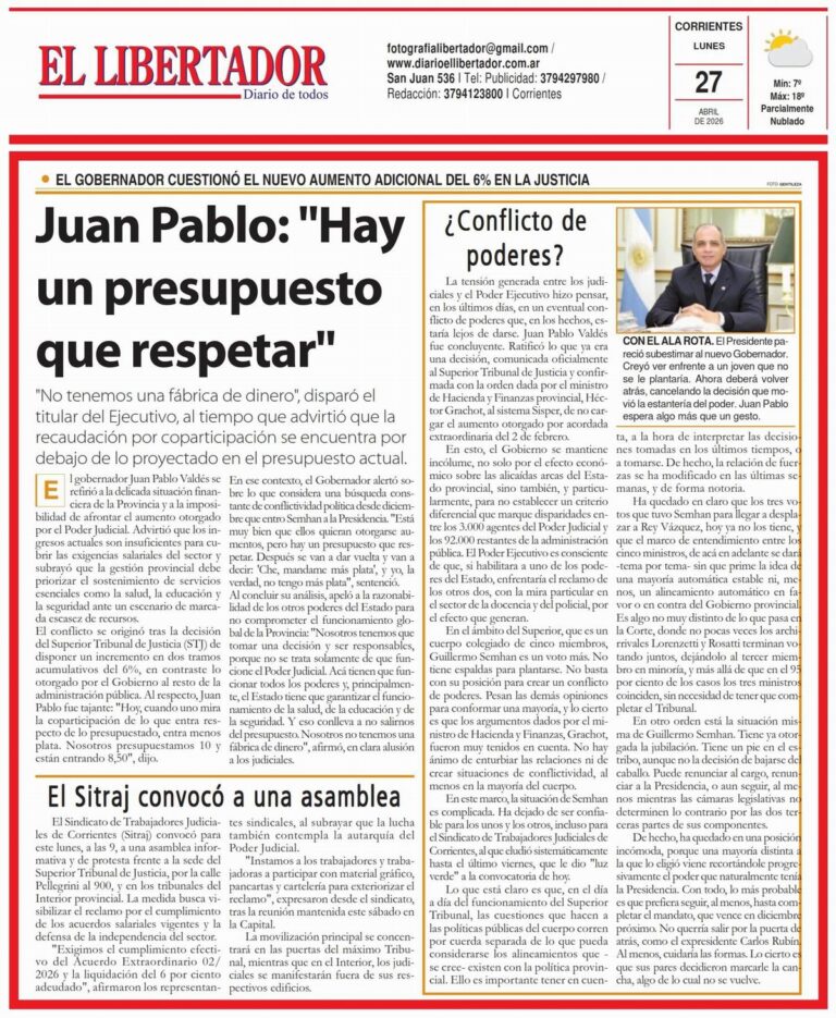 Tapa y contratapa del diario El Libertador de Corrientes del 27 de abril de 2026