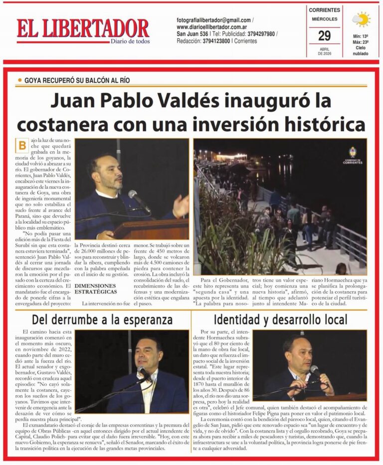 Tapa y contratapa del diario El Libertador de Corrientes del 29 de abril de 2026