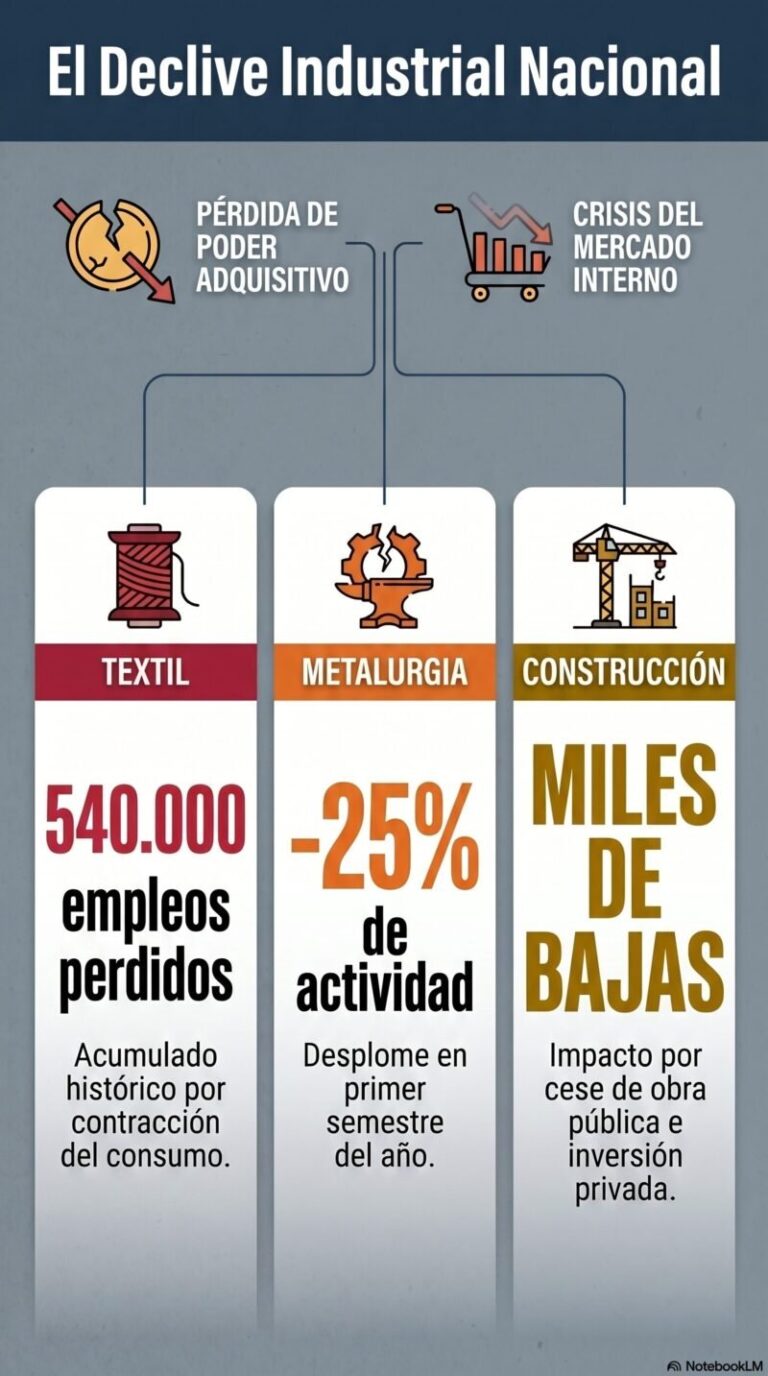 Operarios en fábrica textil argentina con maquinaria industrial