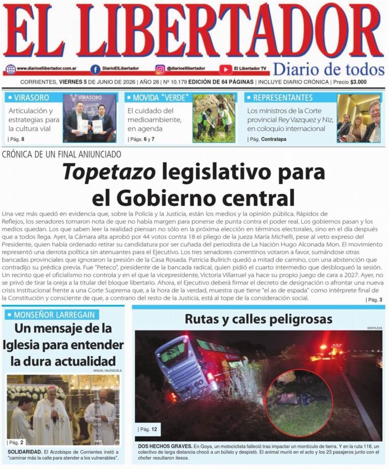 Fotografía del centro de la ciudad de Corrientes, con edificios y tránsito vehicular, ilustrando la cobertura informativa del 5 de junio de 2026.