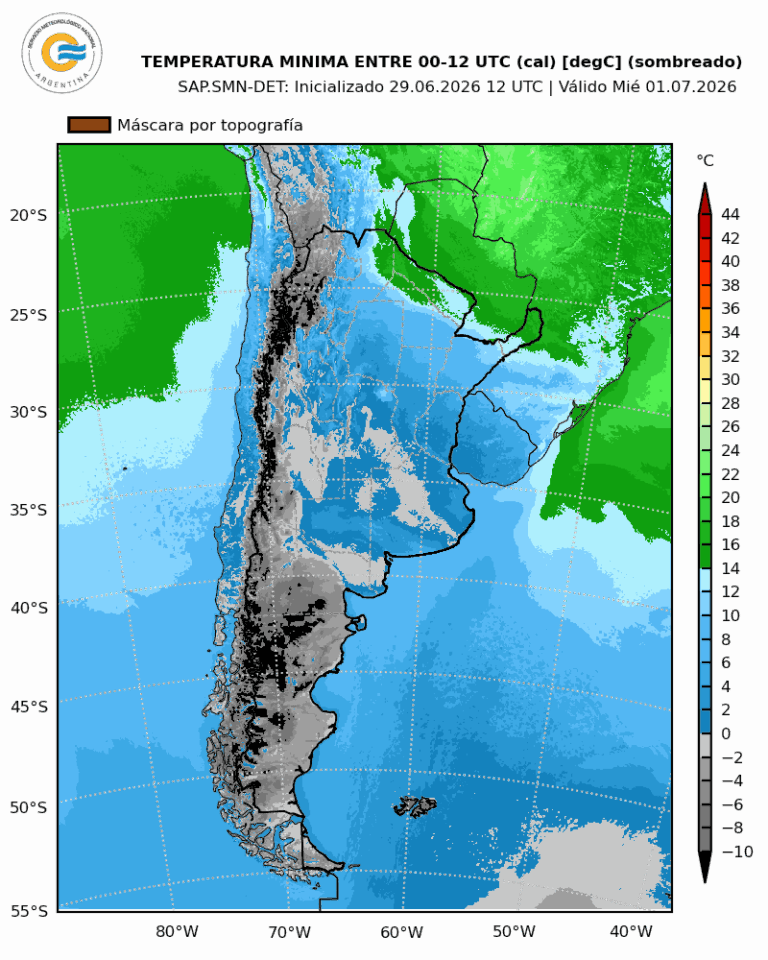 Mapa de Argentina con zonas afectadas por el ingreso de masa de aire antártico
