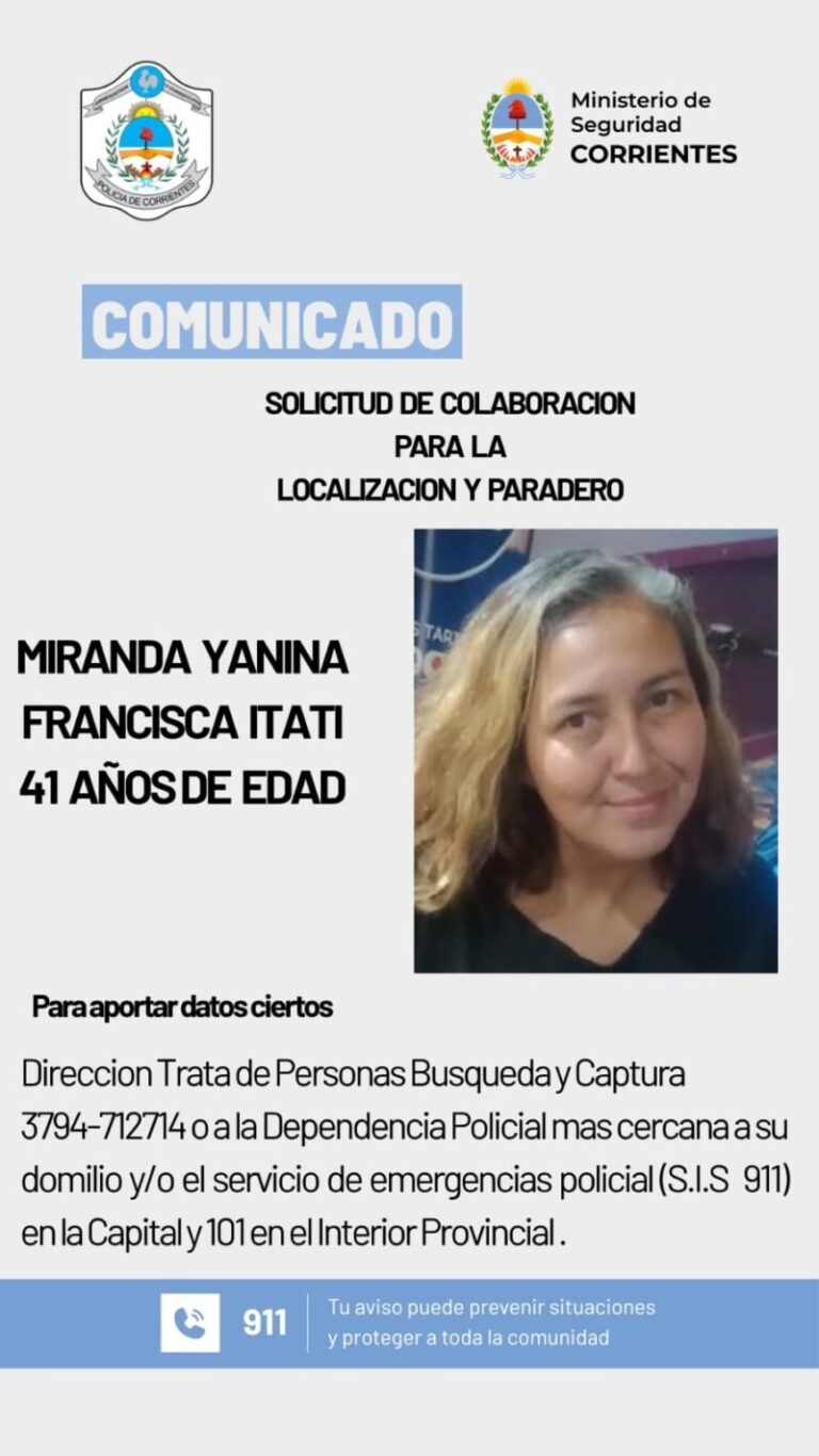 Solicitud de colaboración policial para localizar a Yanina Francisca Itatí Miranda en Corrientes