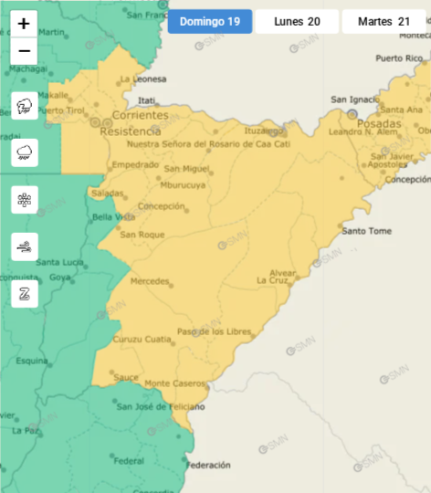 Mapa de alerta amarilla del SMN para la provincia de Corrientes