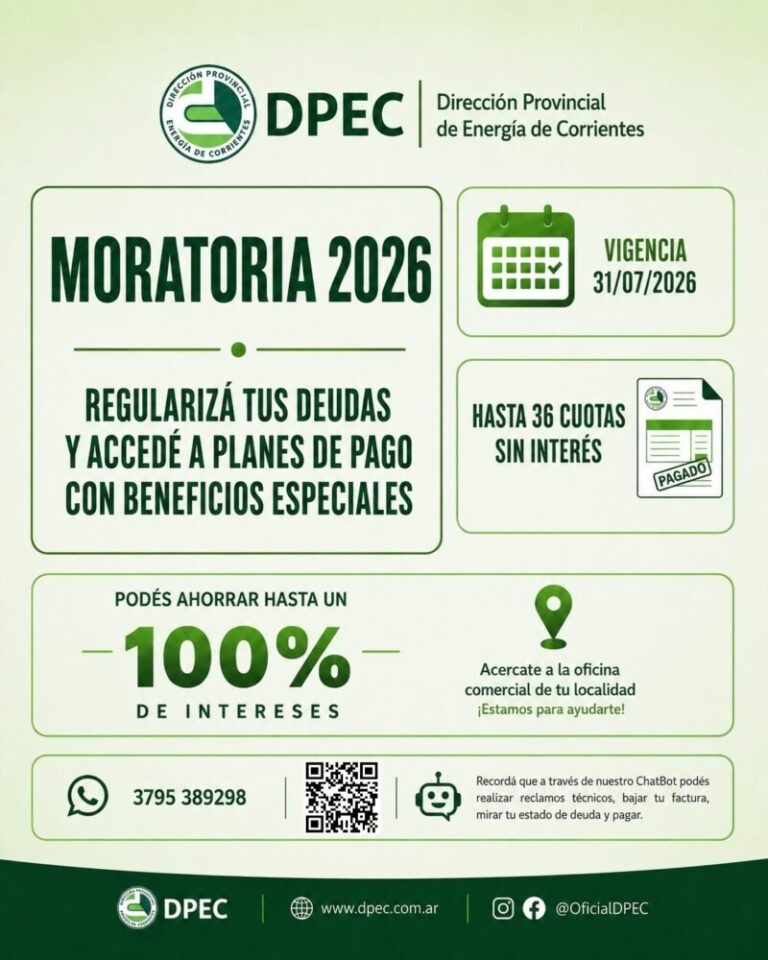 Cartel de la DPEC anunciando la Moratoria 2026 para regularizar deudas del servicio eléctrico