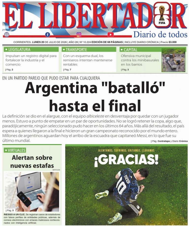 Tapa y contratapa del diario La Gaceta Correntina del 20 de julio de 2026