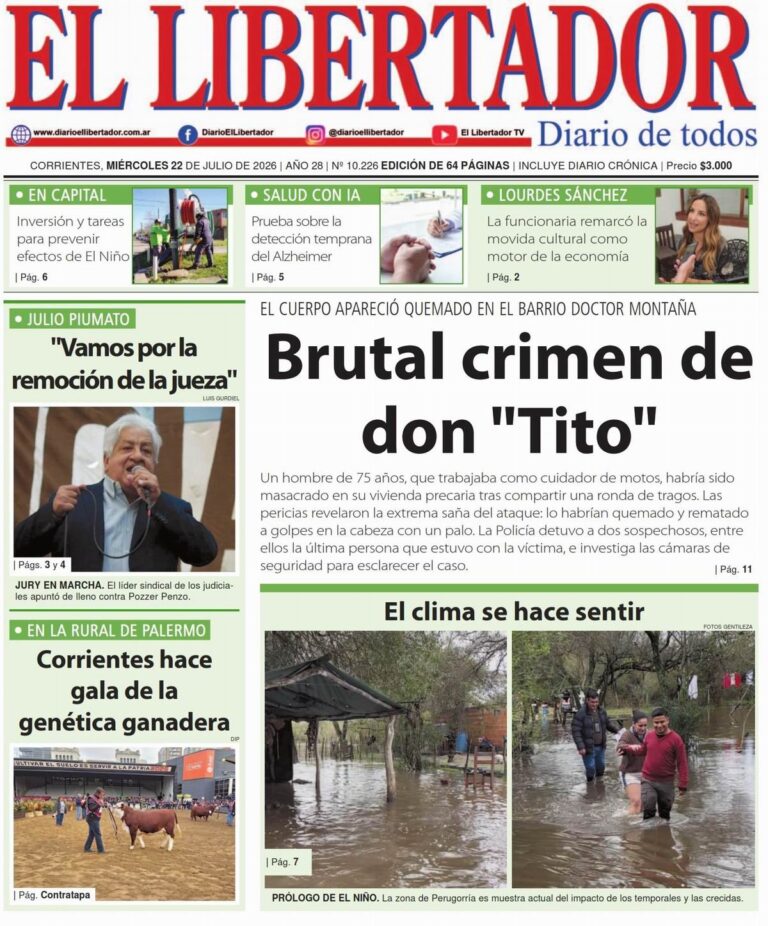 Tapa y contratapa del diario La Gaceta Correntina del 22 de julio de 2026