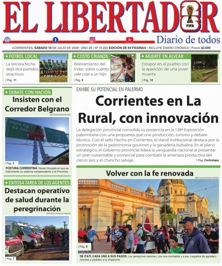 Tapa y contratapa del diario La Gaceta Correntina del 18 de julio de 2026