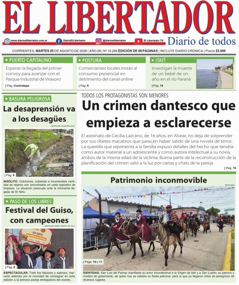 Tapa y contratapa de La Gaceta Correntina del 25 de agosto de 2026