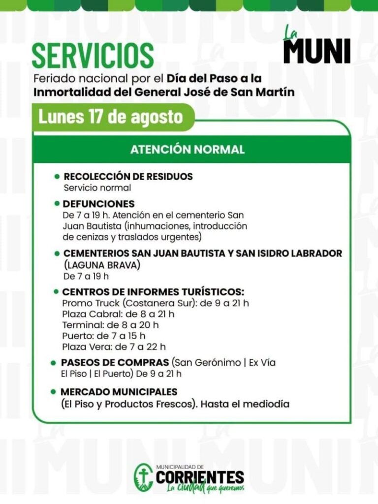 Servicios municipales en Corrientes durante el feriado del 17 de agosto