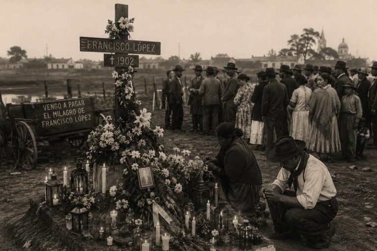 Cruz de madera en un campo, representación de la veneración popular a Francisco López en Corrientes