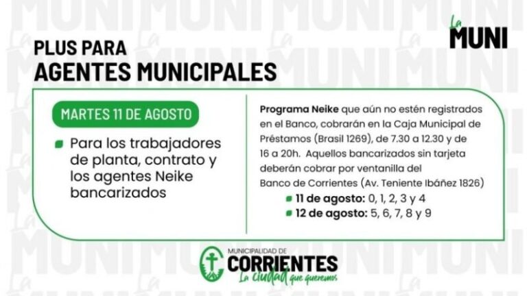 Cronograma de pago del plus municipal en Corrientes