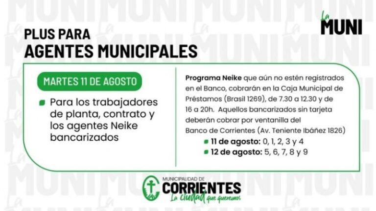 Pago de plus para empleados municipales en Corrientes