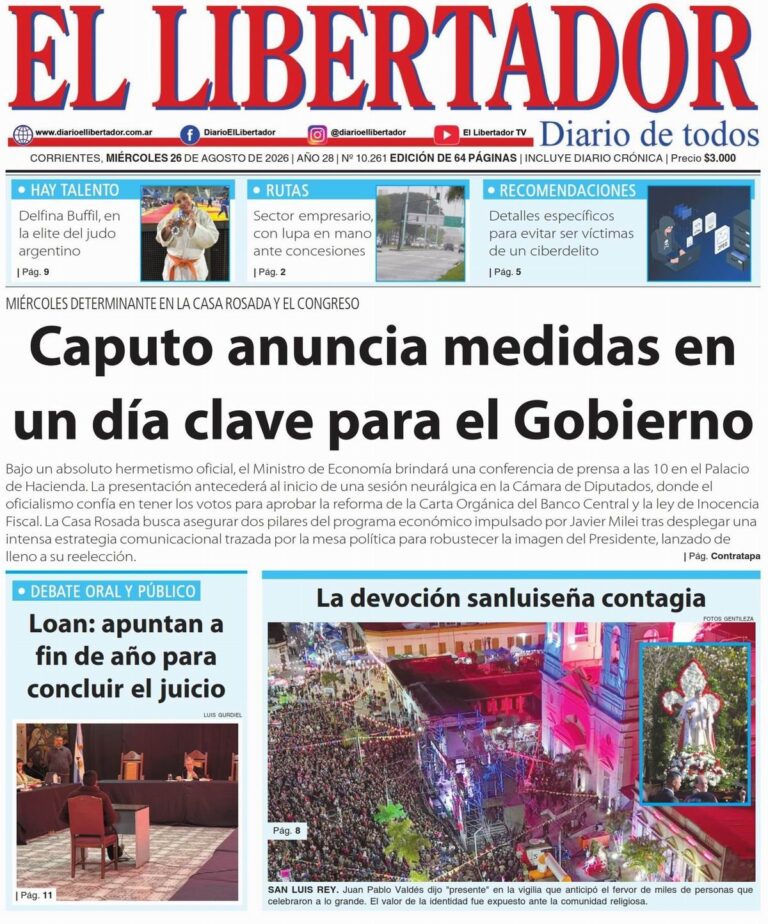 Tapa y contratapa del diario La Gaceta Correntina del 26 de agosto de 2026