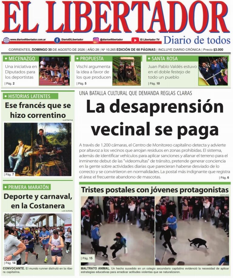 Tapa y contratapa del periódico La Gaceta Correntina del 30 de agosto de 2026