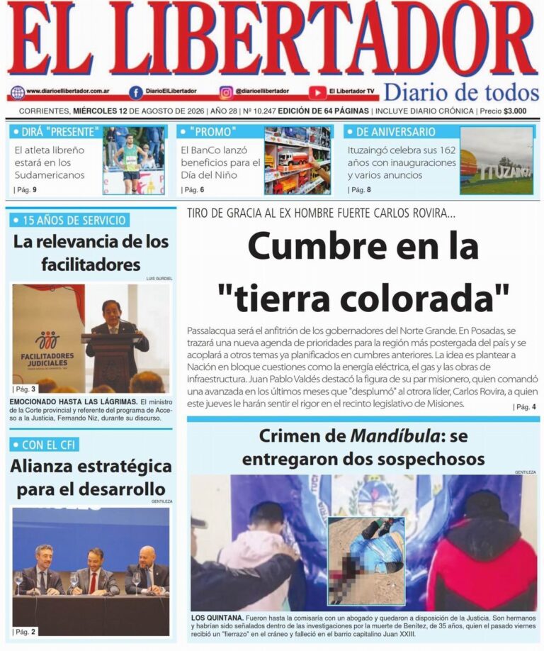 Tapa y contratapa del diario La Gaceta Correntina del 12 de agosto de 2026