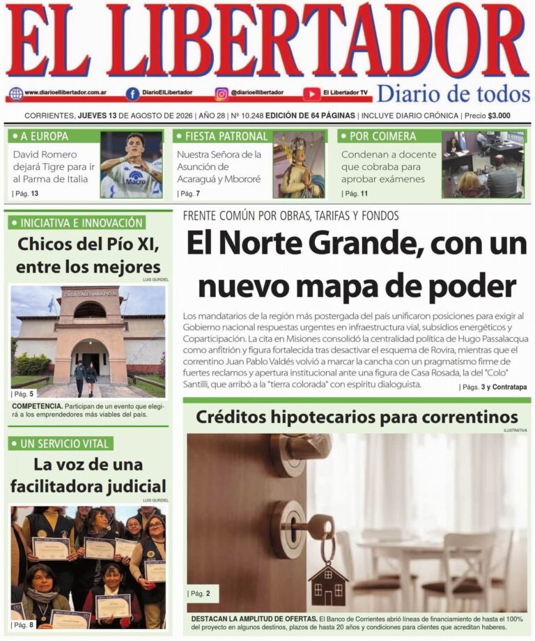 Tapa y contratapa de La Gaceta Correntina del 13 de agosto de 2026