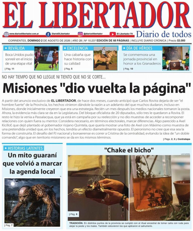 Tapa y contratapa de La Gaceta Correntina del 2 de agosto de 2026