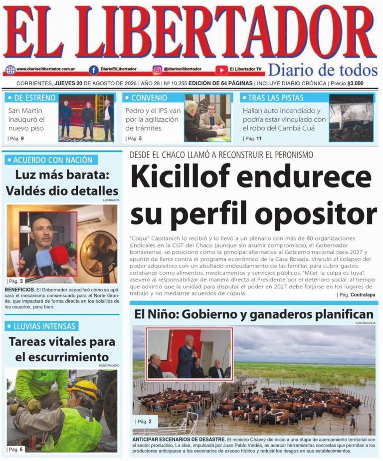 Tapa y contratapa de La Gaceta Correntina del 20 de agosto de 2026