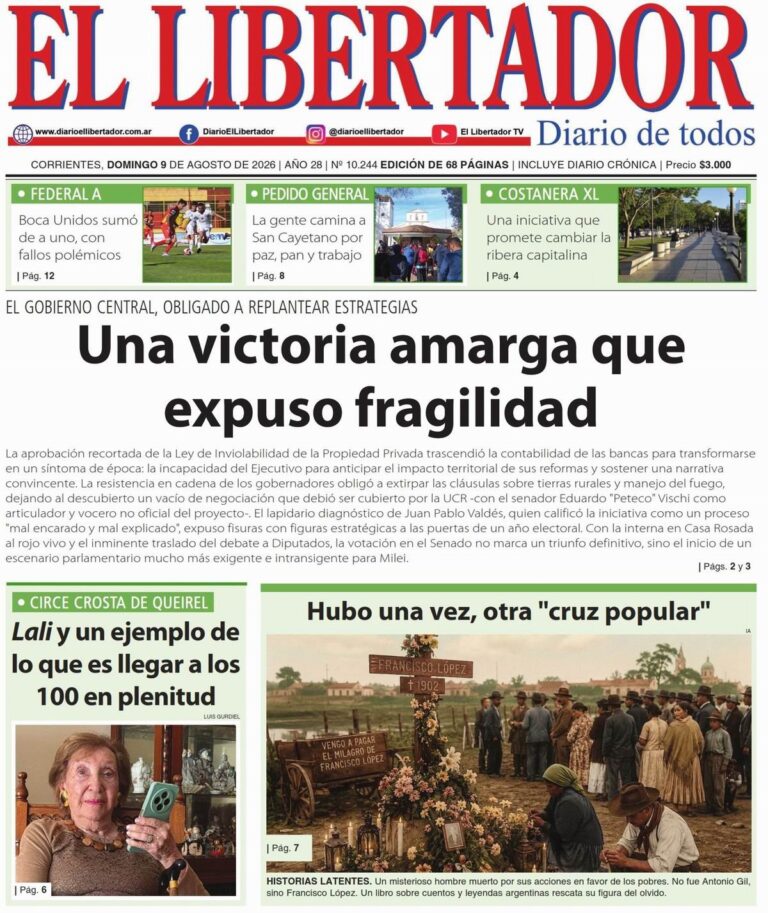 Tapa y contratapa del diario La Gaceta Correntina del 9 de agosto de 2026