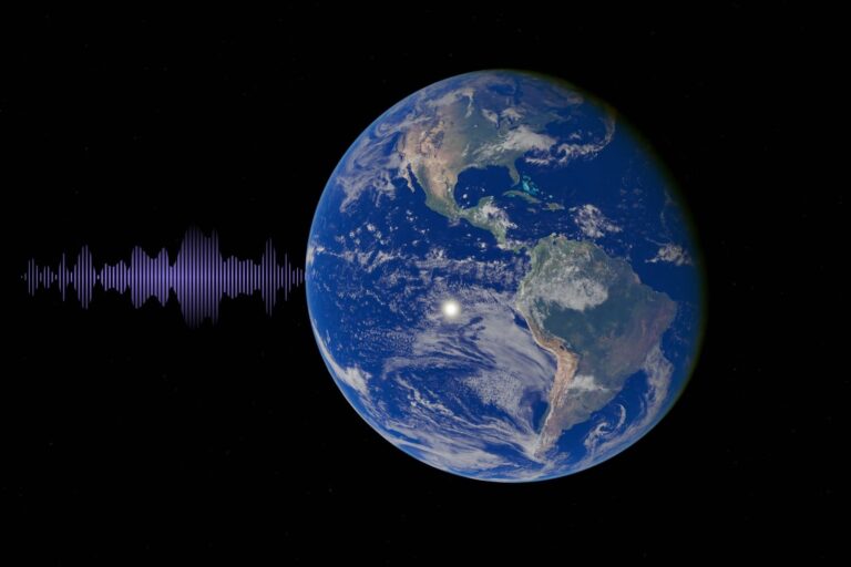 Representación artística de la Tierra en el espacio con ondas electromagnéticas