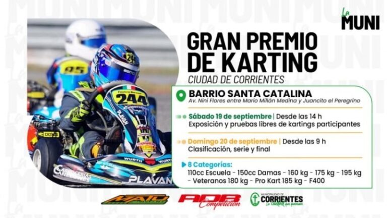 Pilotos de karting compitiendo en un circuito callejero en el barrio Santa Catalina, Corrientes