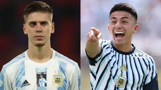 Juan Foyth y Thiago Almada durante un entrenamiento de la Selección argentina