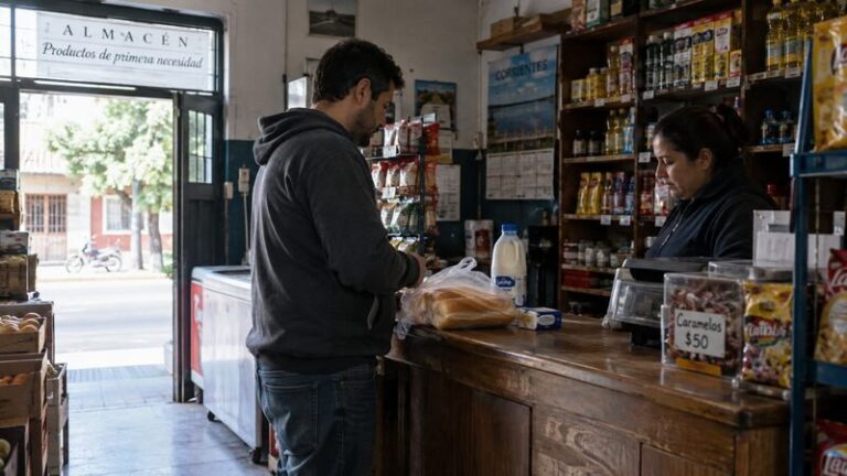 Personas caminando por una calle de Corrientes, con comercios y carteles de precios