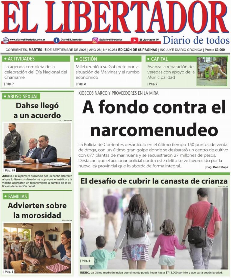 Primera plana del diario La Gaceta Correntina del 15 de septiembre de 2026