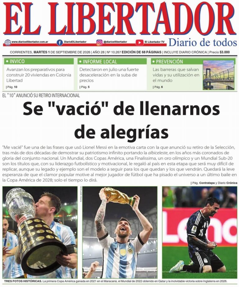 Tapa y contratapa del diario La Gaceta Correntina del 1 de septiembre de 2026