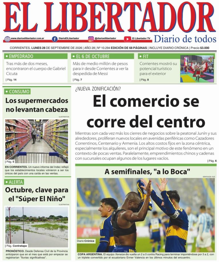 Portada del diario La Gaceta Correntina del 28 de septiembre de 2026