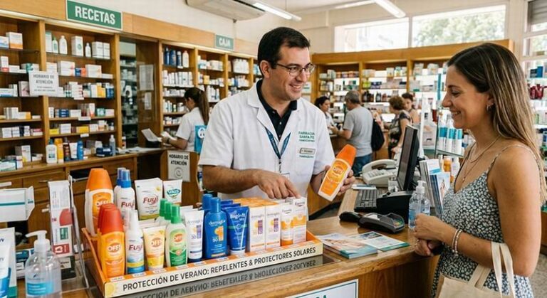 Farmacia en Corrientes con protectores solares y repelentes en exhibición
