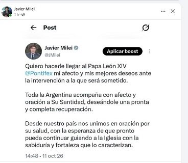 El presidente Javier Milei junto al Papa León XIV